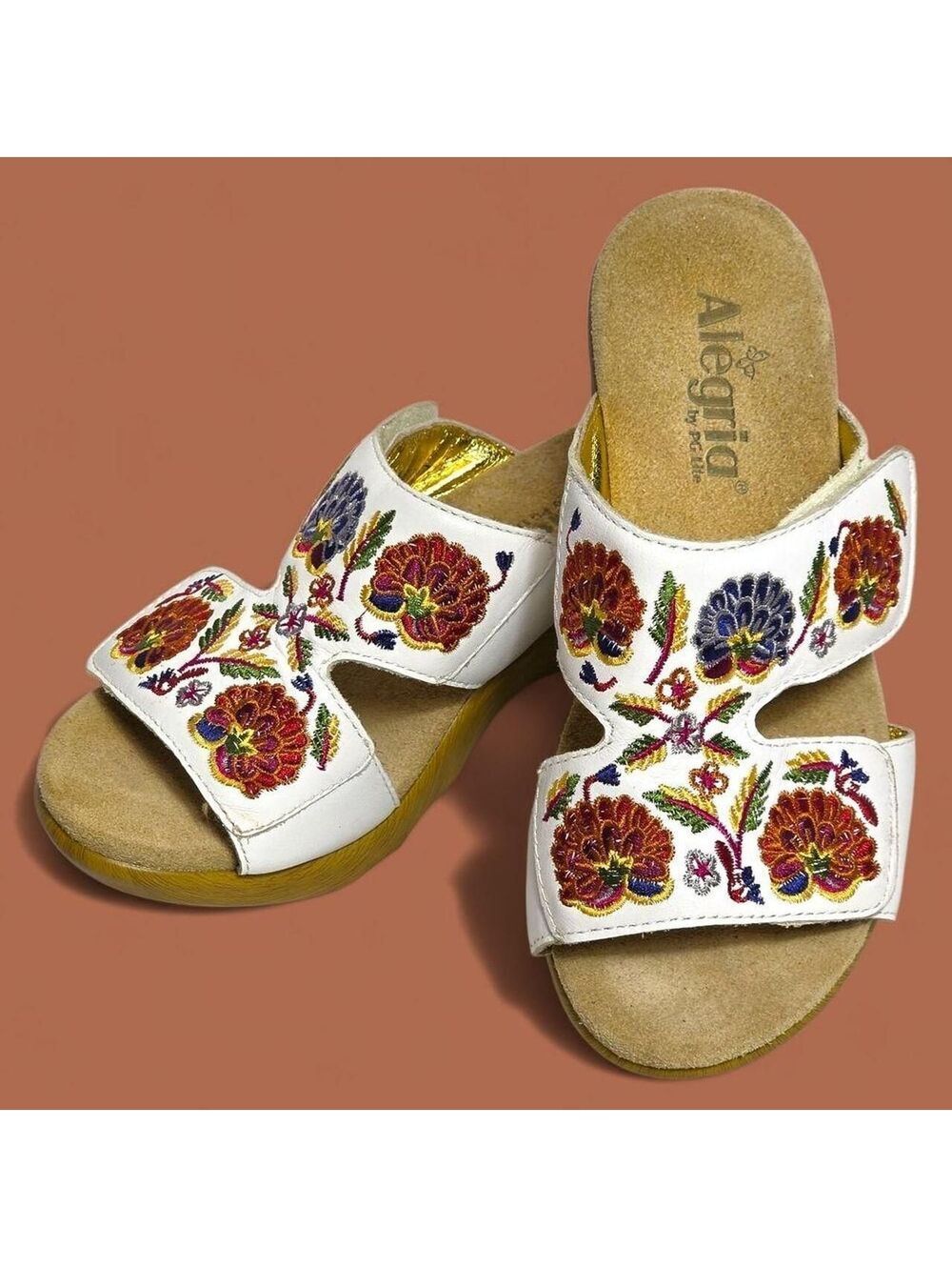 Alegria White Leather Floral Embroidered Wedge Slide Sandals Womens 37 - Picture 4 of 5